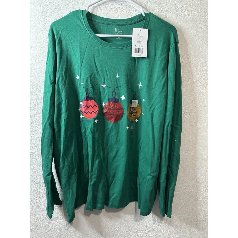 Kim Rogers Perfectly Soft Cotton Christmas Lights Long Sleeve Green Shirt Sz 2XL